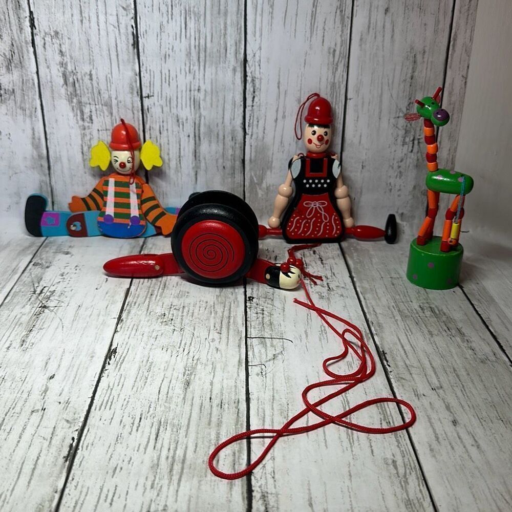 Pull String Wooden Puppets Jumping Jack Ornament  Clown Giraffe Snail set‎ of 4